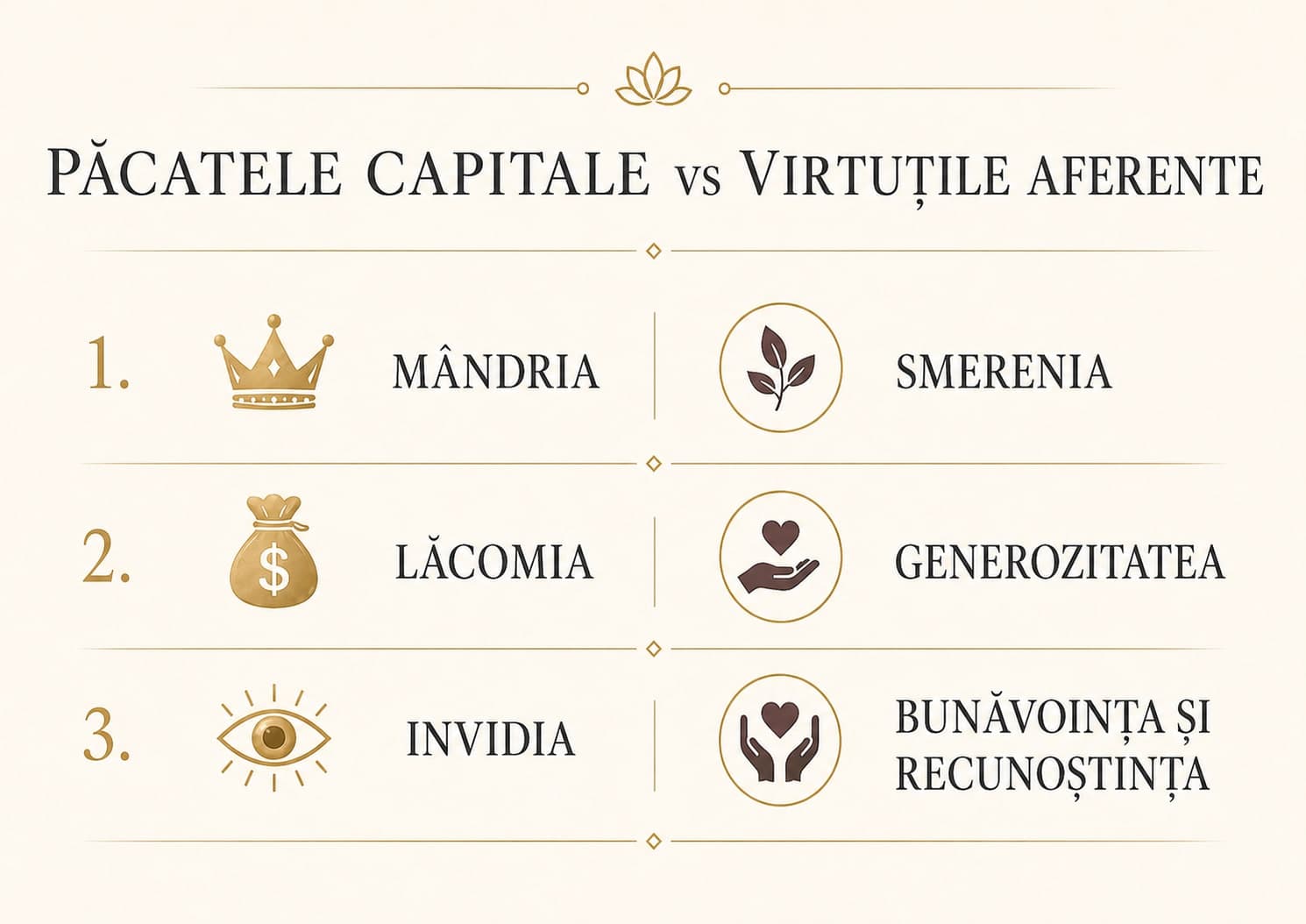 Păcatele capitale vs. virtuțile aferente: mândria/smerenia, lăcomia/generozitatea, invidia/bunăvoința și recunoștința