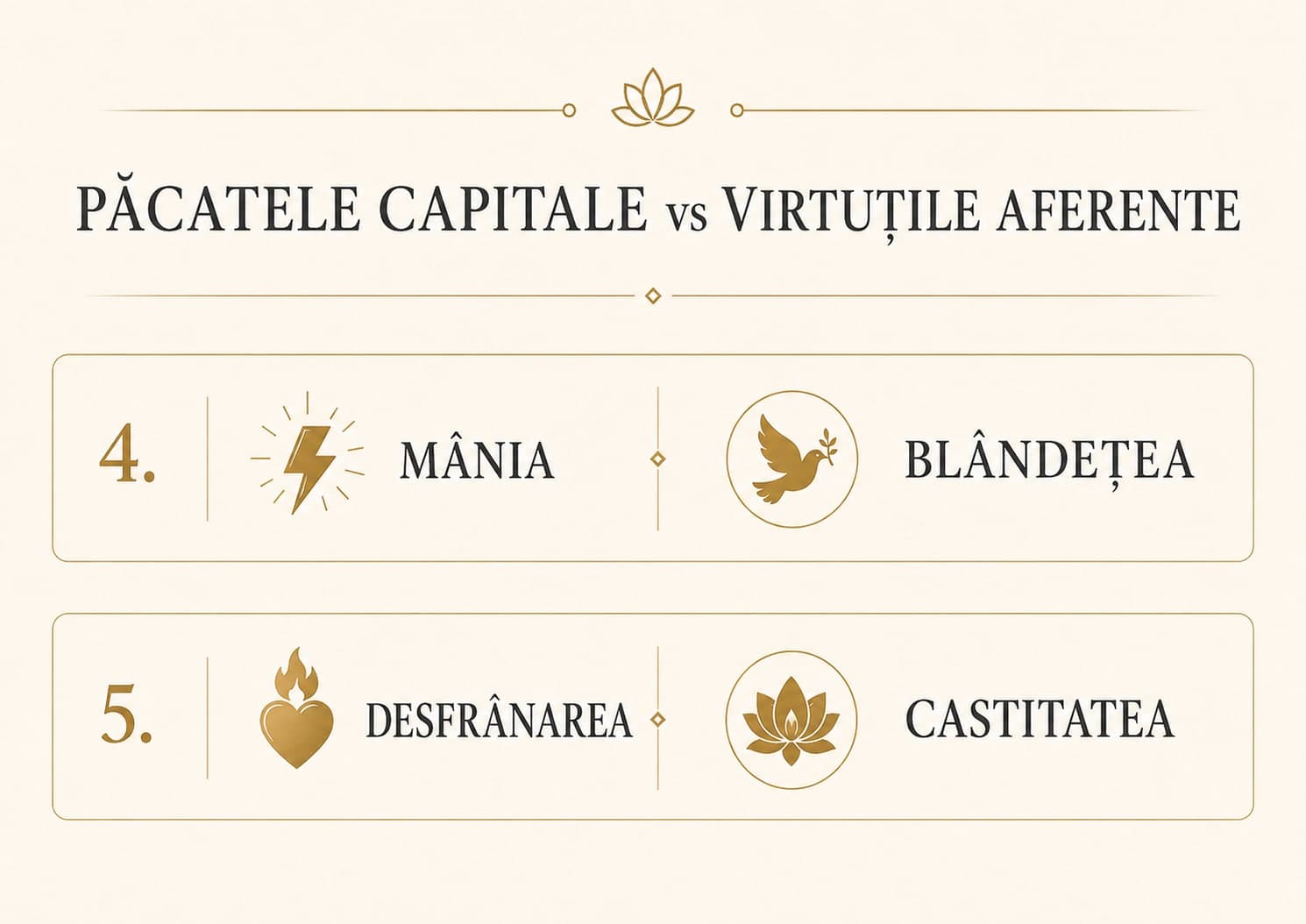 Păcatele capitale vs. virtuțile aferente: mânia/blândețea, desfrânarea/castitatea