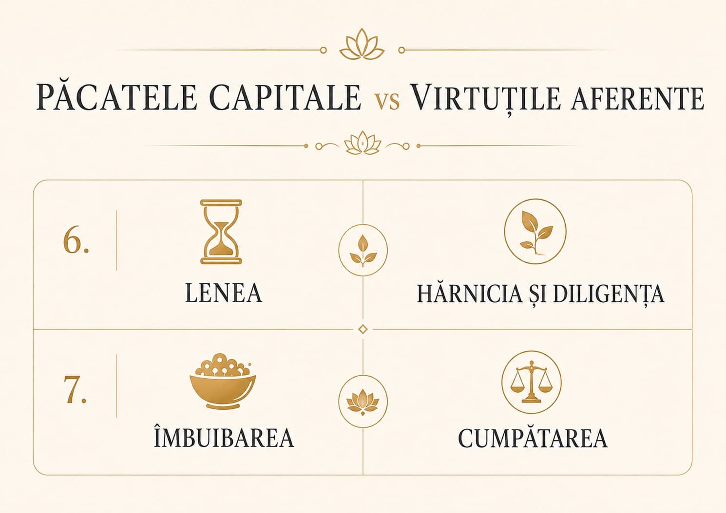 Păcatele capitale vs. virtuțile aferente: lenea/hărnicia și diligența, îmbuibarea/cumpătarea