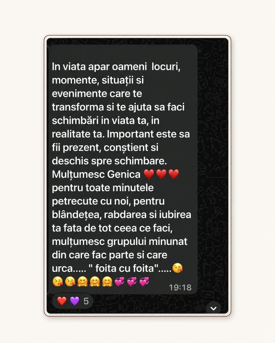 Recenzie client despre Academia Călătorie către Sine: recunoștință pentru transformarea personală și grupul de suport