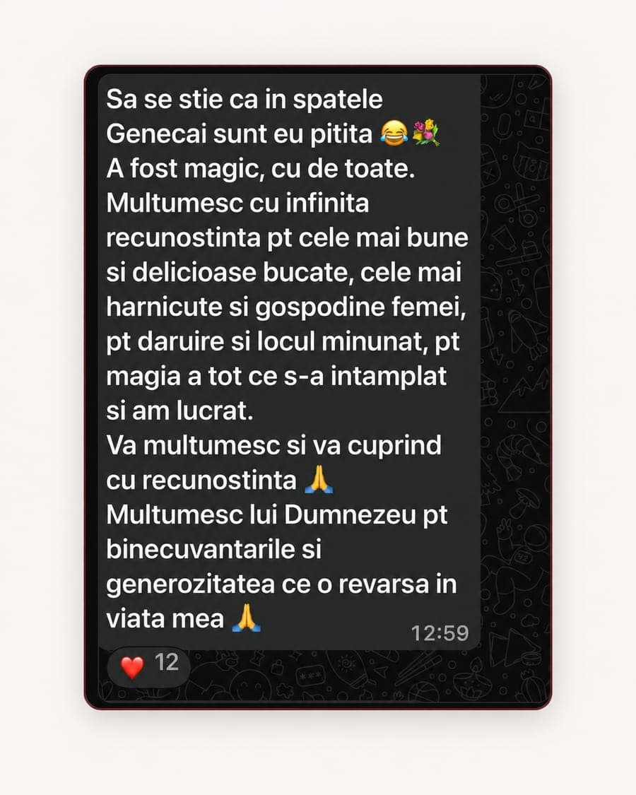 Recenzie client despre retreat Academia Călătorie către Sine: mulțumiri pentru mâncare, gazde și magia locului